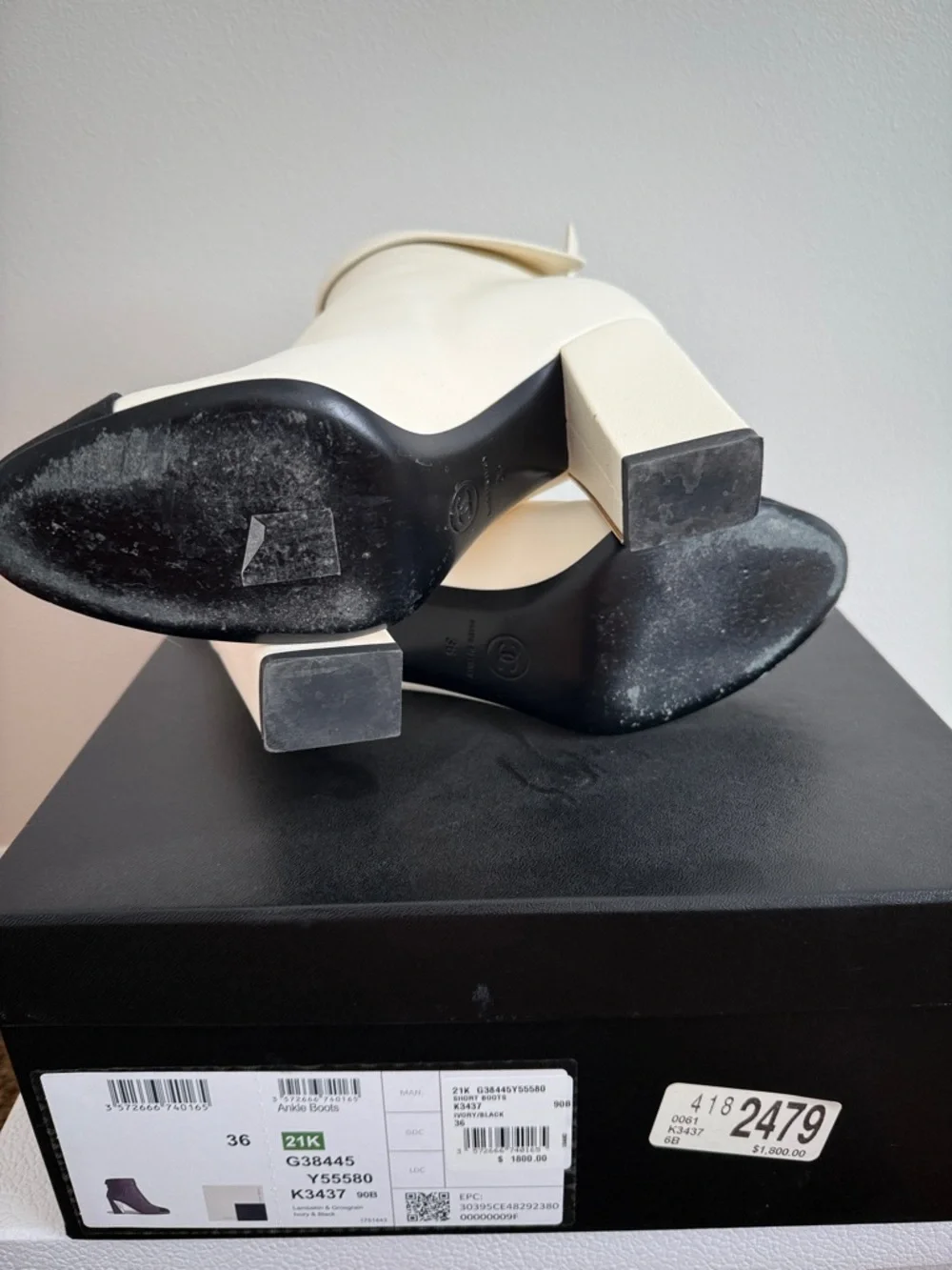 CHANEL White Leather Ankle Boots with Black Cap Toe - Picture 7 of 10